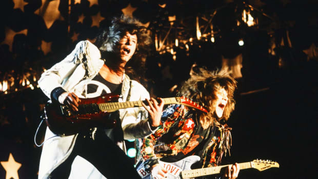 Bon Jovi, live, Moscow Music Peace Festival 1989 at Luzhniki Stadium, Moscow, USSR, 12th and 13th August, 1989. (L-R) Richie Sambora (guitar), Jon Bon Jovi (vocals).