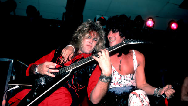 Guitarist Robbin Crosby (1959 - 2002), left, and singer Stephen Pearcy of the band RATT perform on stage in 1984.